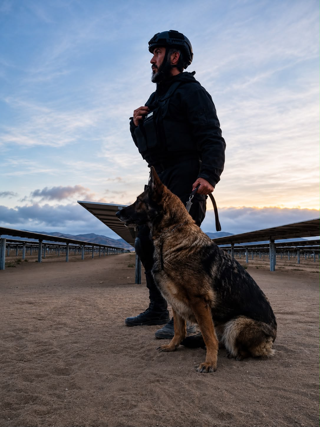 Guardia con binomio K9 en ronda al atardecer en parque fotovoltaico
